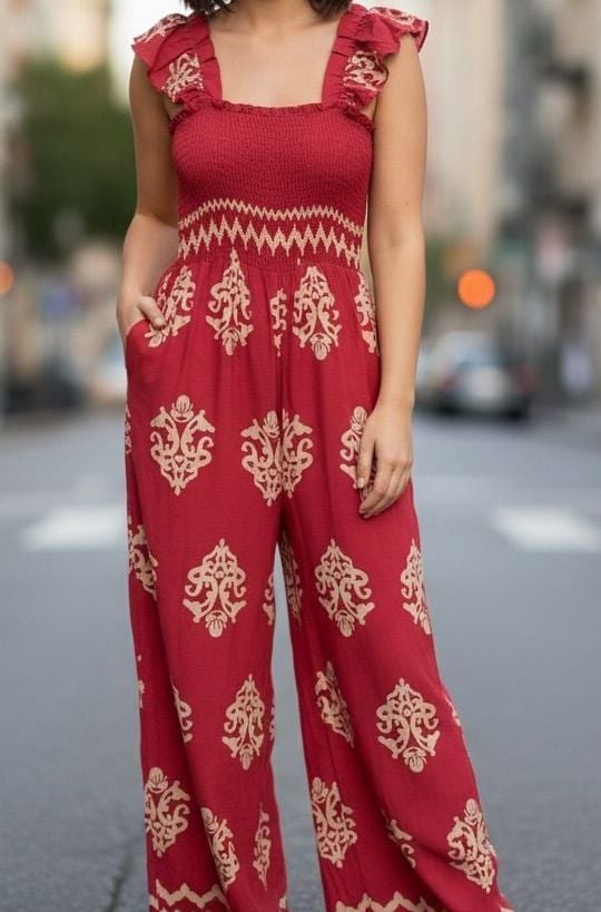Boho Red Printed Smocked Wide Leg Jumpsuit/ 128 3