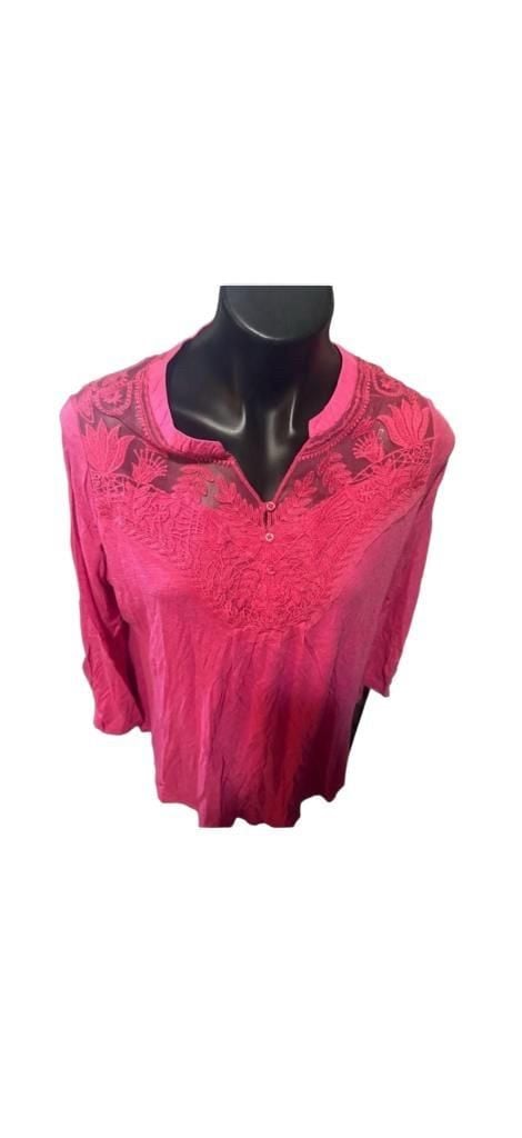 HeartSoul Blouse Size XL Pink Embroidered Lace Yoke 3/4 Sleeve Tunic Top 2