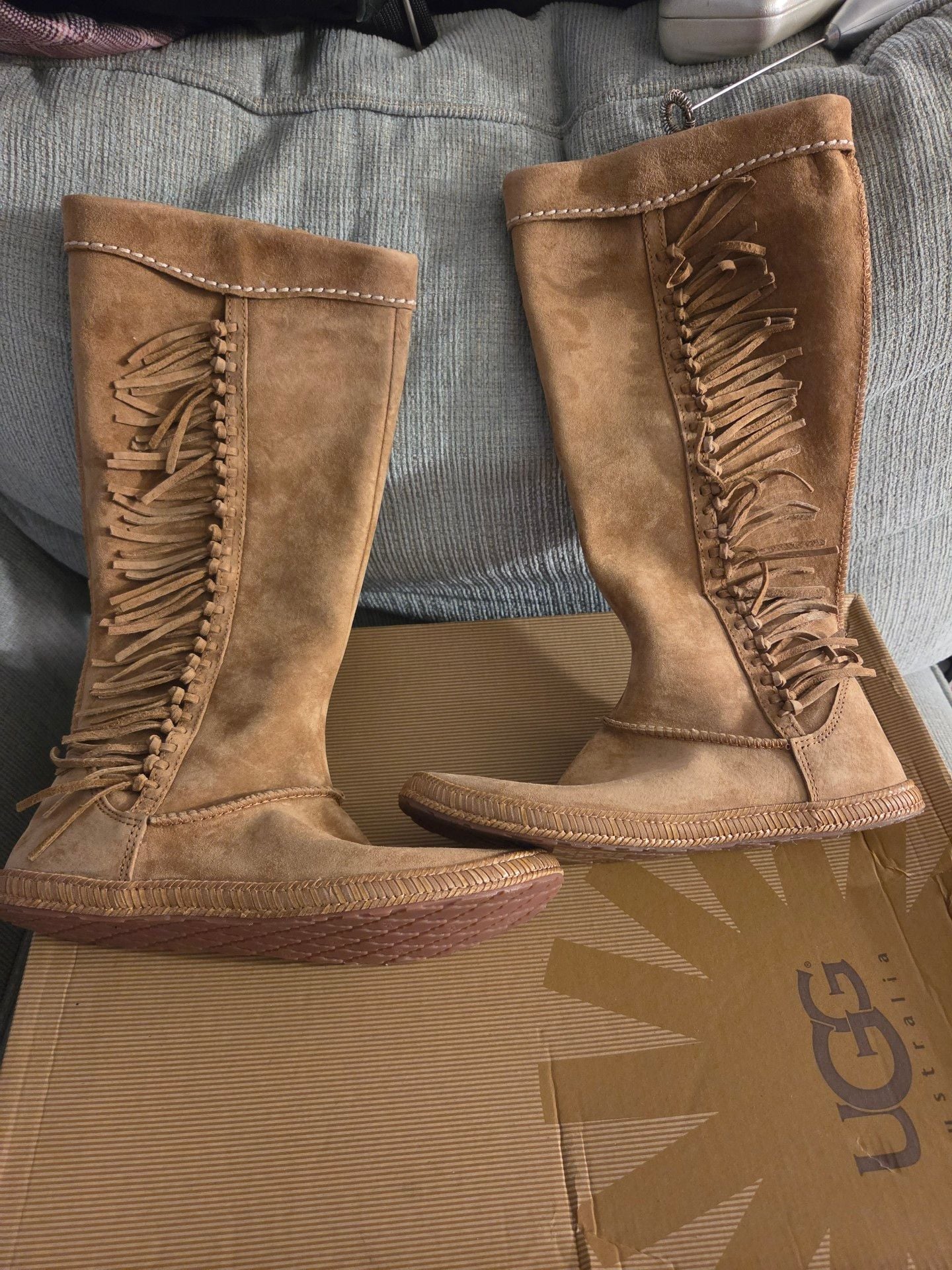 UGG Mammoth Boots Size 7 Chestnut Suede Fringe Tall Zip 2