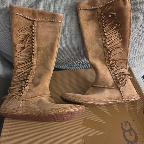 UGG Mammoth Boots Size 7 Chestnut Suede Fringe Tall Zip