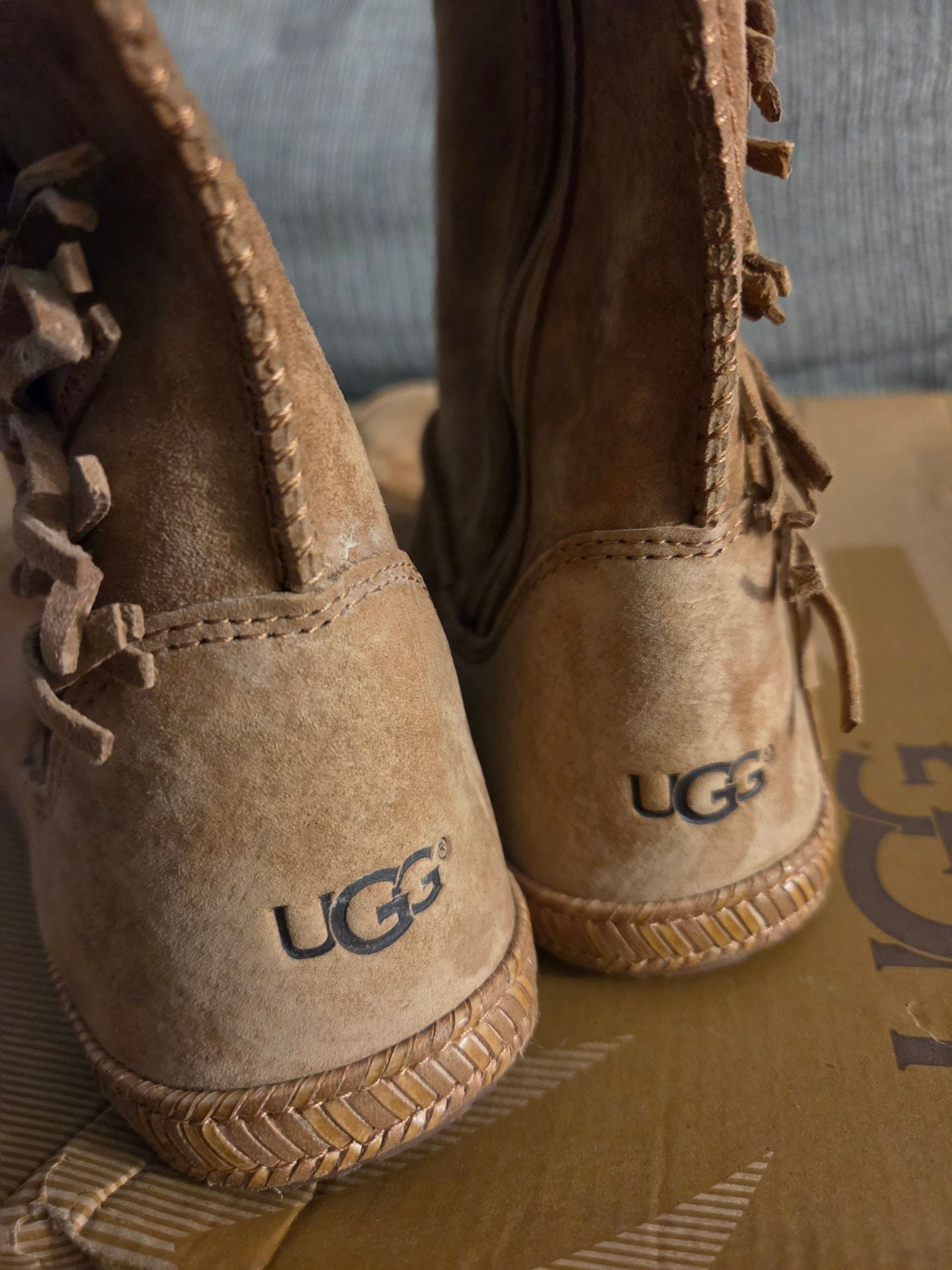 UGG Mammoth Boots Size 7 Chestnut Suede Fringe Tall Zip 3