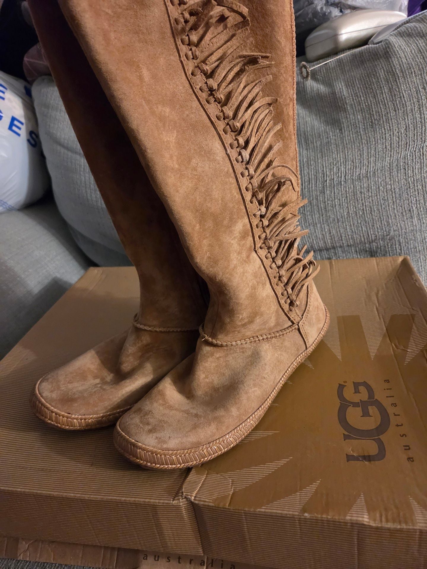 UGG Mammoth Boots Size 7 Chestnut Suede Fringe Tall Zip 4