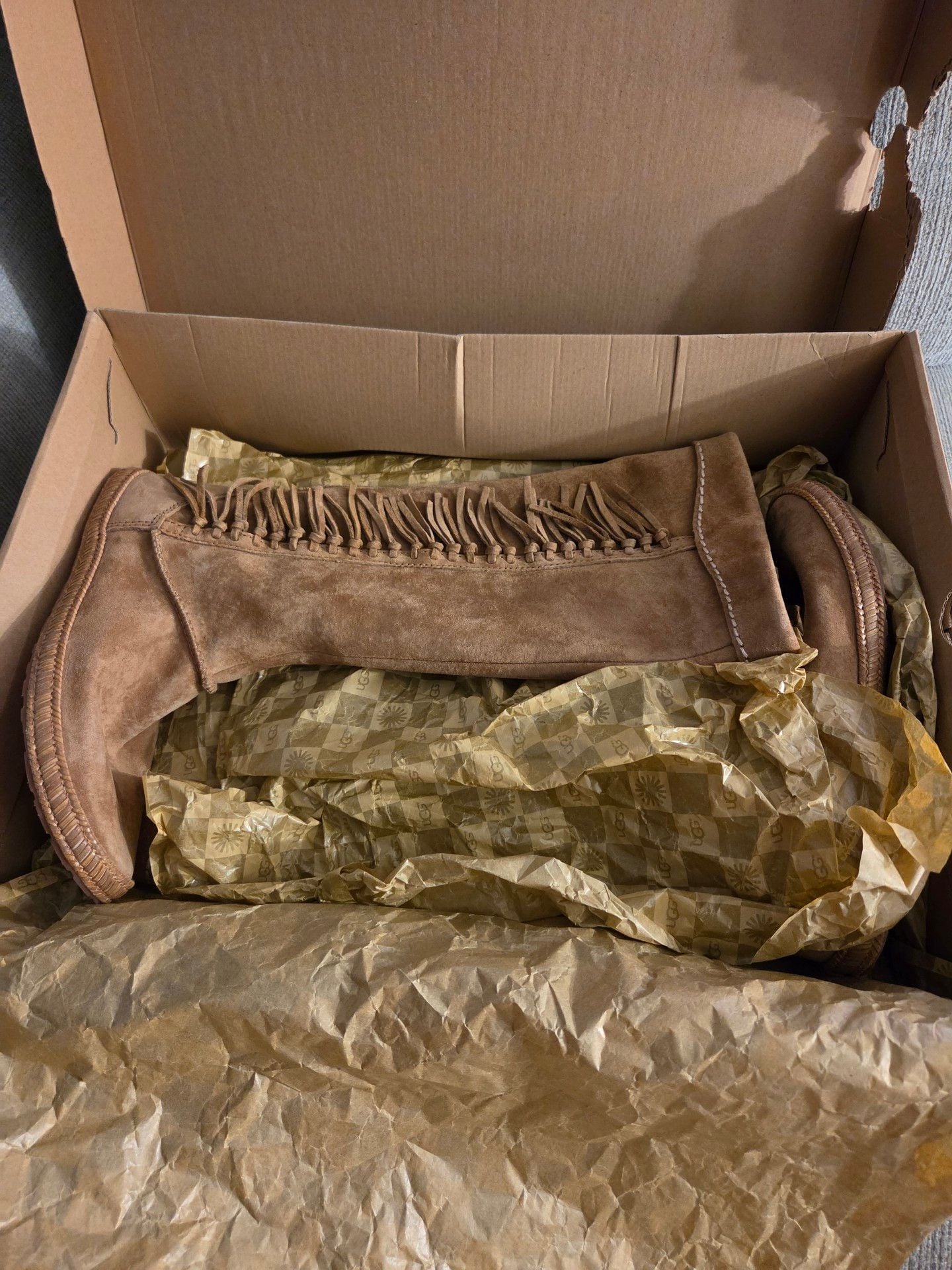 UGG Mammoth Boots Size 7 Chestnut Suede Fringe Tall Zip 5