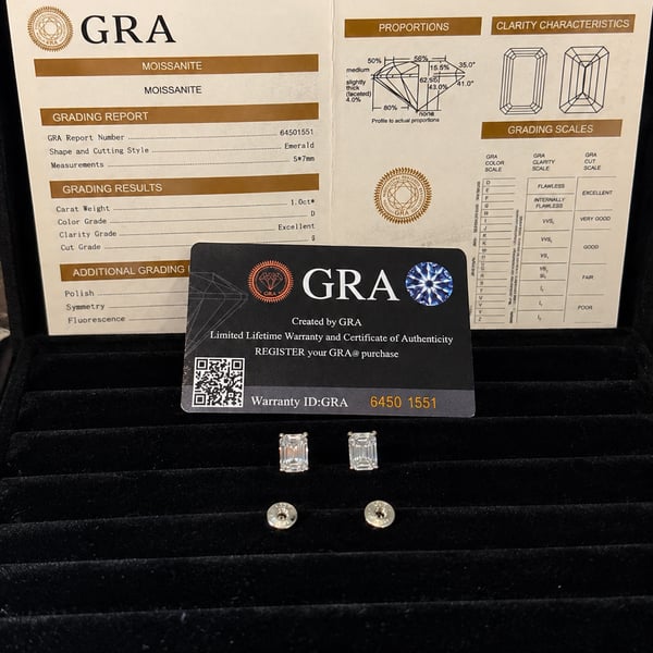 GRA Emerald Cut Moissanite Stud Earrings 1.0ct 925 Sterling Silver