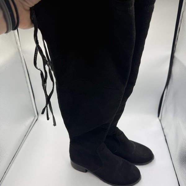 Black Over The Knee Boots Black Faux Suede Back Tie Low Heel