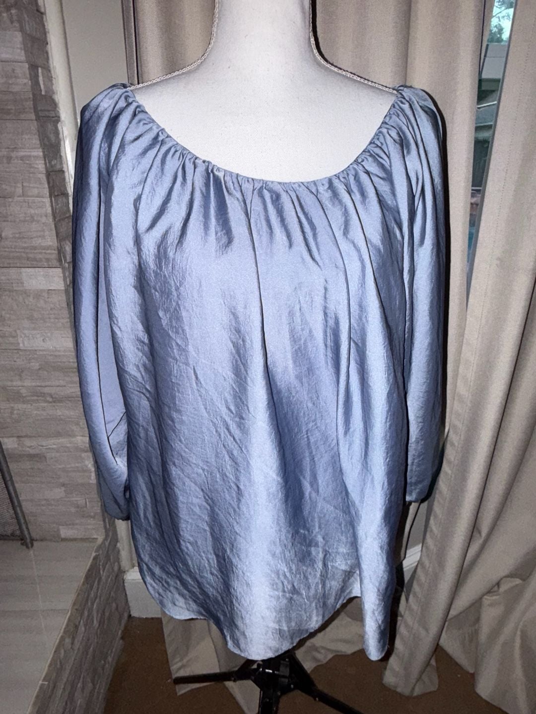 HATCH Blouse Size 2 Blue Silk Long Sleeve Gathered Neckline Top 2