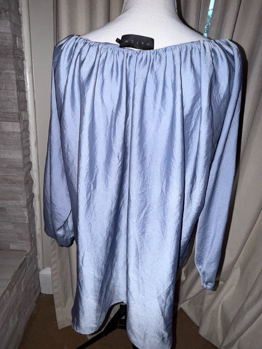 HATCH Blouse Size 2 Blue Silk Long Sleeve Gathered Neckline Top 4