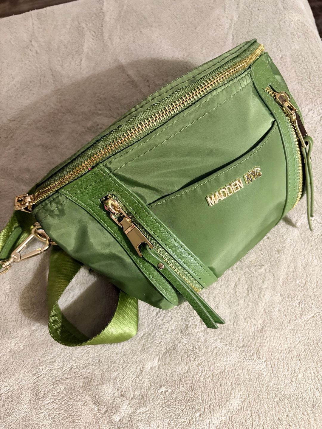 Madden NYC Multi Zipper Fanny Pack Crossbody Olive Green Nylon 2