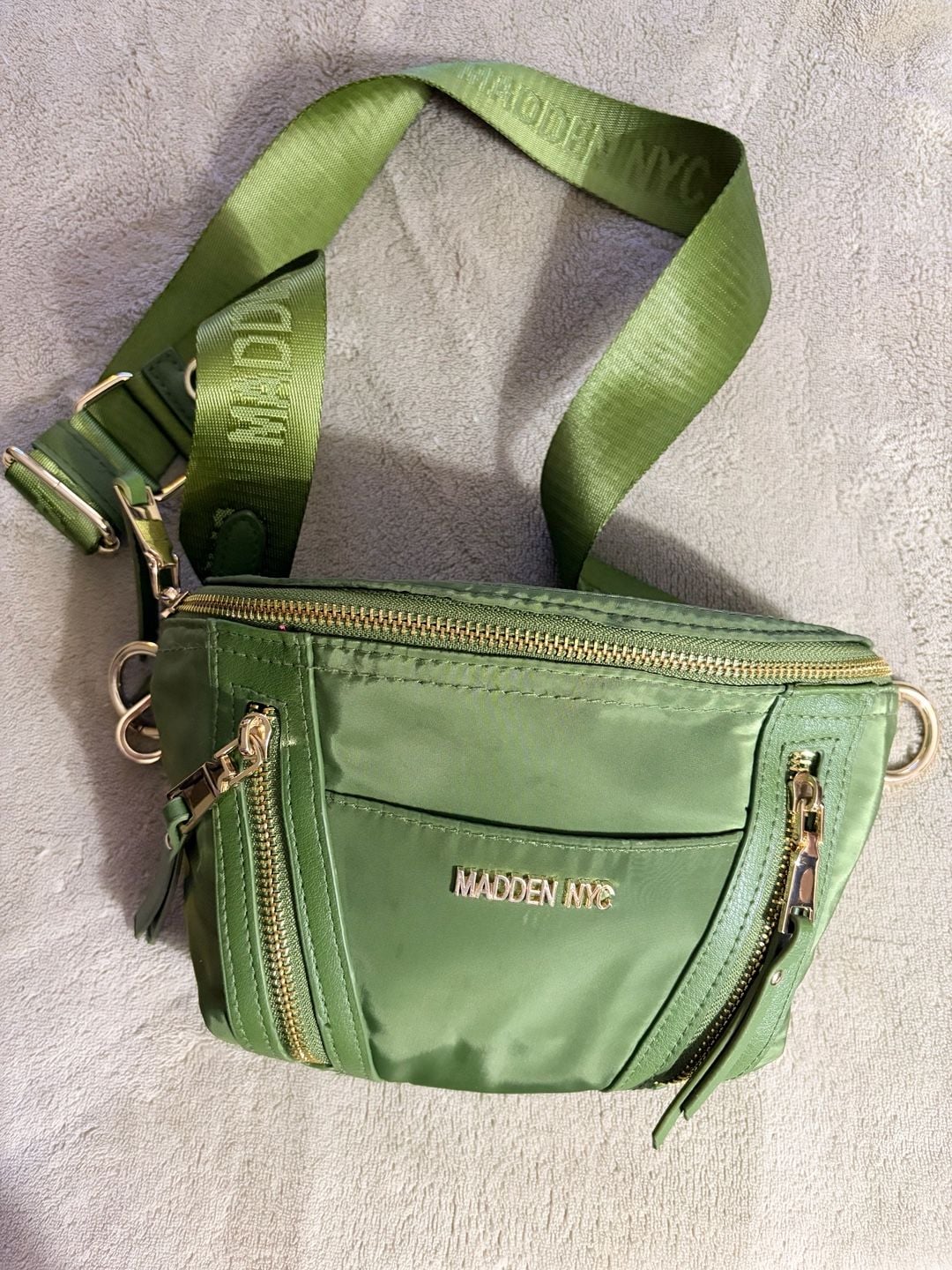 Madden NYC Multi Zipper Fanny Pack Crossbody Olive Green Nylon 3