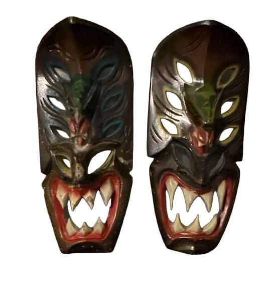 Hand Carved Wooden Tiki Wall Masks Pair 1