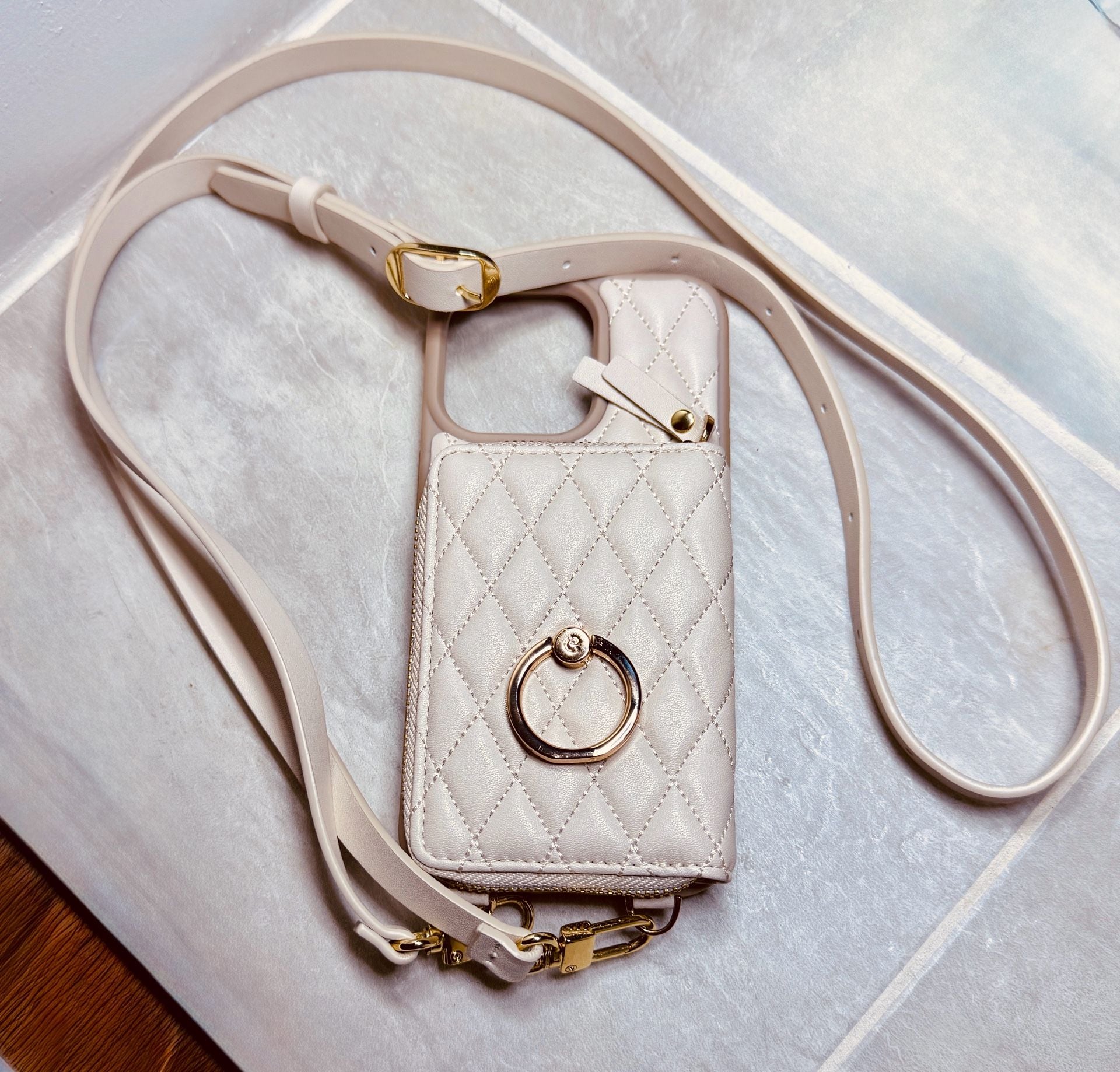 ZVE Crossbody Wallet iPhone 14 Pro Max Case Beige Quilted Leather with Strap 1