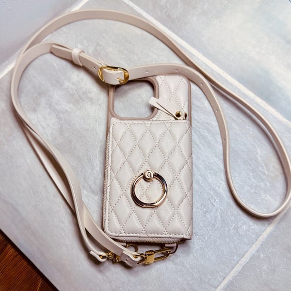ZVE Crossbody Wallet iPhone 14 Pro Max Case Beige Quilted Leather with Strap