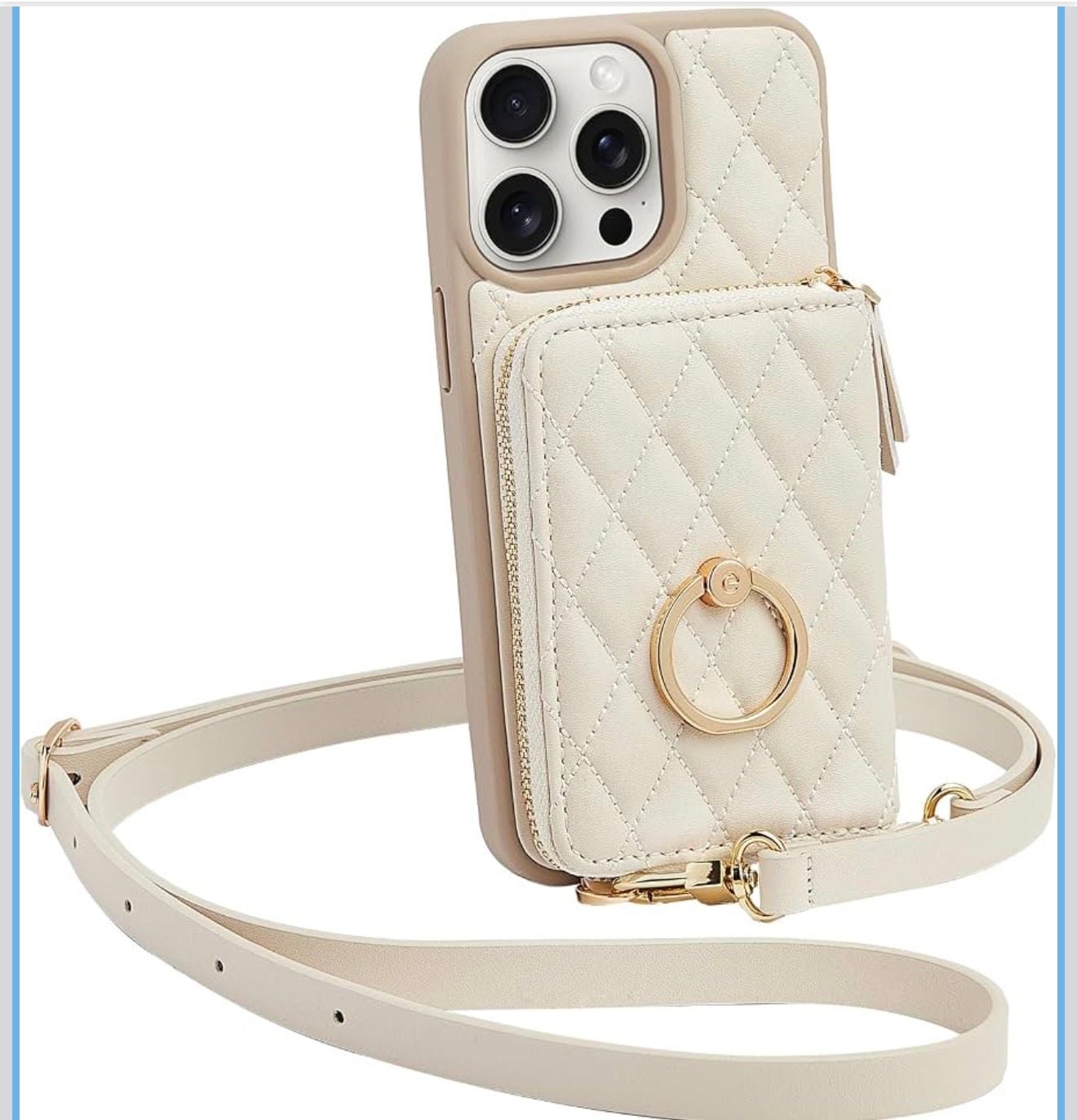 ZVE Crossbody Wallet iPhone 14 Pro Max Case Beige Quilted Leather with Strap 7