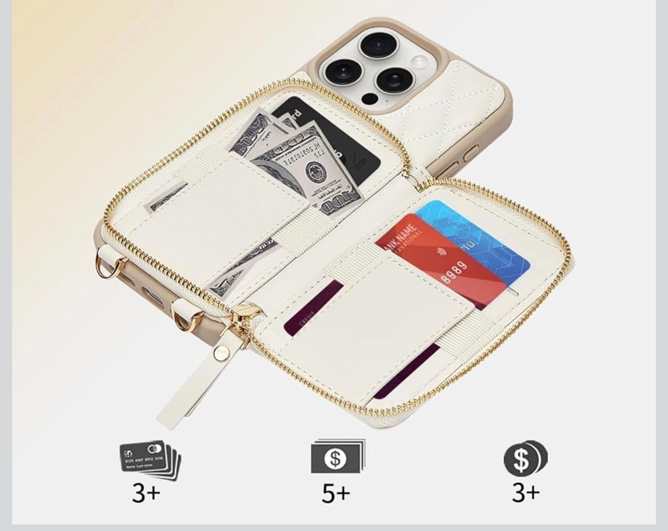 ZVE Crossbody Wallet iPhone 14 Pro Max Case Beige Quilted Leather with Strap 8