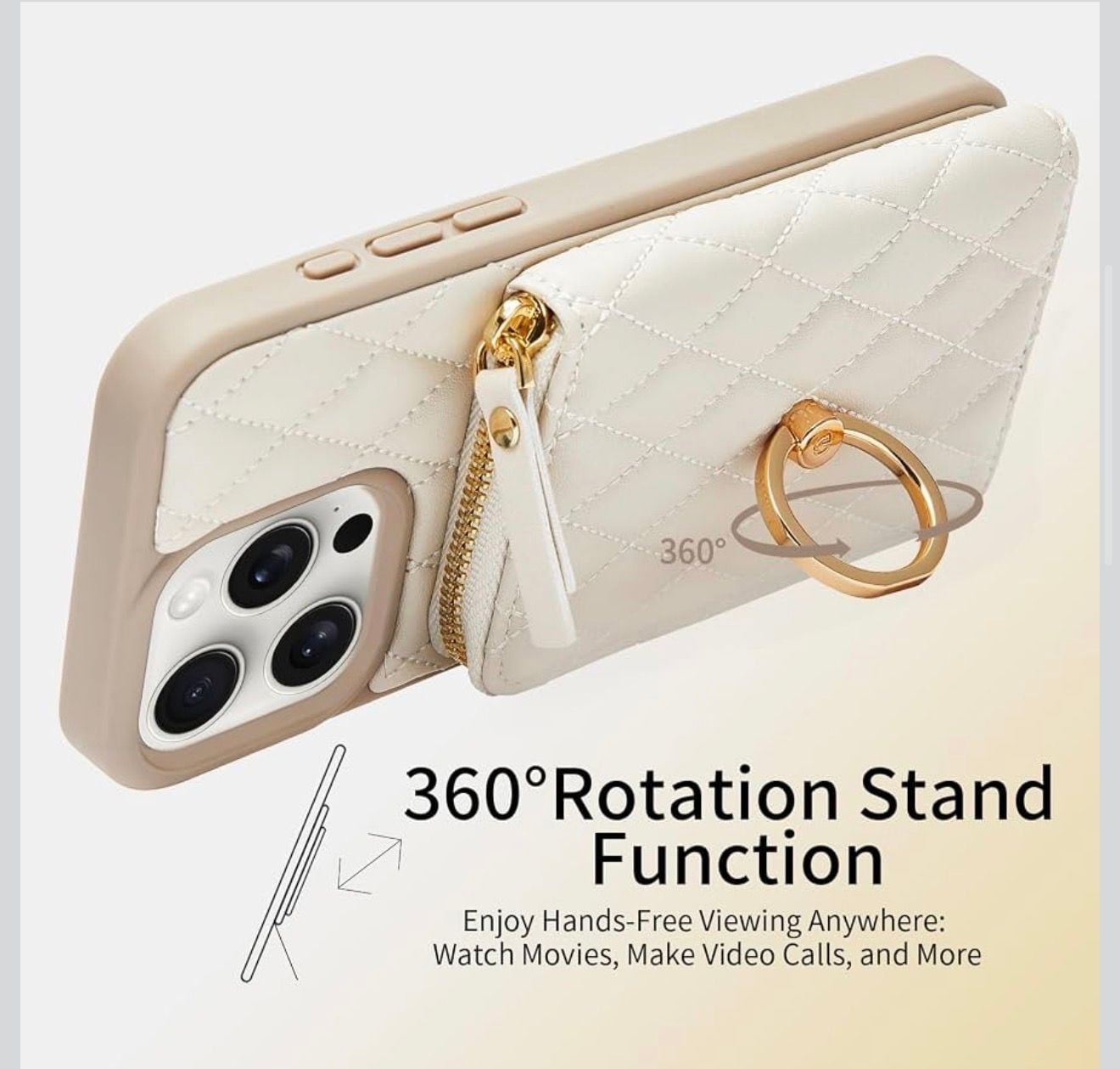 ZVE Crossbody Wallet iPhone 14 Pro Max Case Beige Quilted Leather with Strap 9