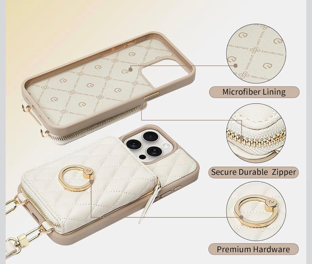 ZVE Crossbody Wallet iPhone 14 Pro Max Case Beige Quilted Leather with Strap 10