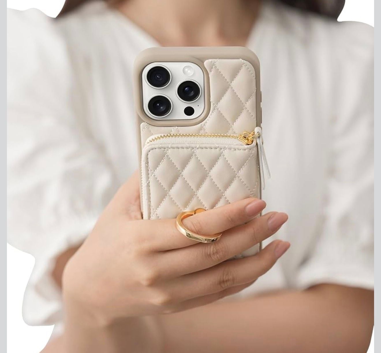 ZVE Crossbody Wallet iPhone 14 Pro Max Case Beige Quilted Leather with Strap 12