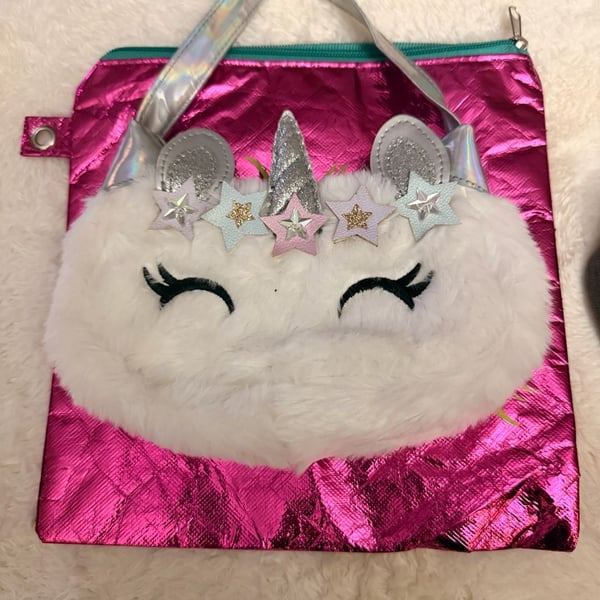 OMG Accessories Unicorn White Faux Fur Crossbody Bag Pink Metallic