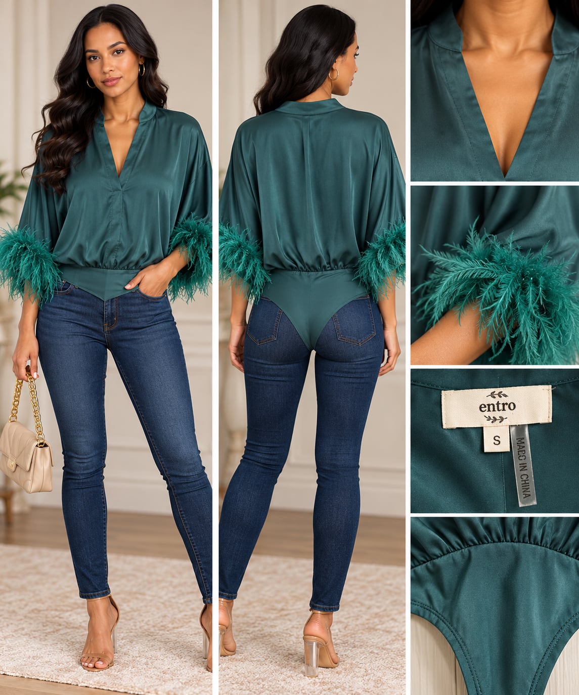 Entro Satin Bodysuit Size S Green Feather Cuff 2