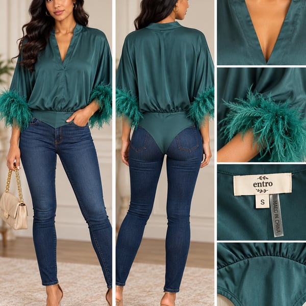 Entro Satin Bodysuit Size S Green Feather Cuff