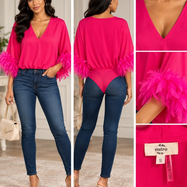 Entro Feather Cuff Bodysuit Size S Hot Pink V-Neck