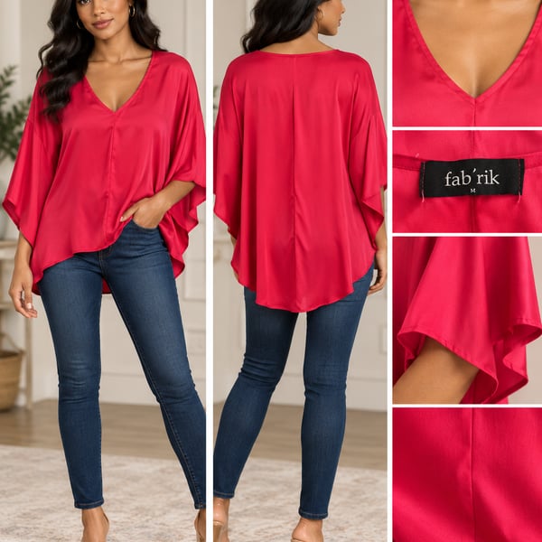 Fabrik V-Neck Caftan Top Size M Red Silk Blouse