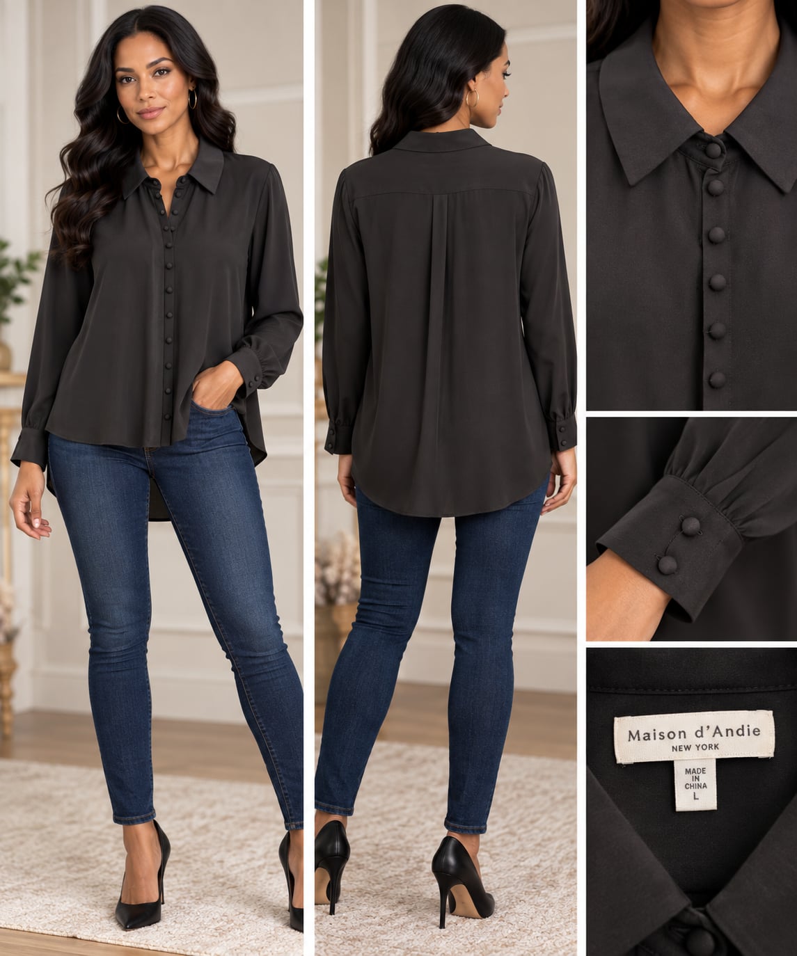 Maison d'Andie Button-Down Shirt Size L Black Satin Blouse 2