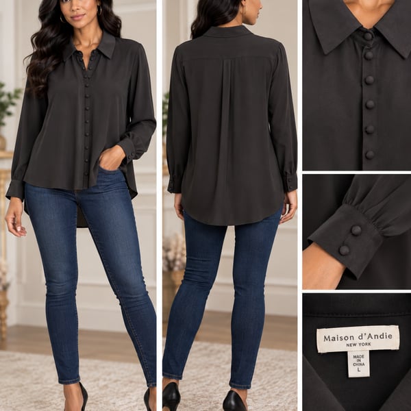 Maison d'Andie Button-Down Shirt Size L Black Satin Blouse