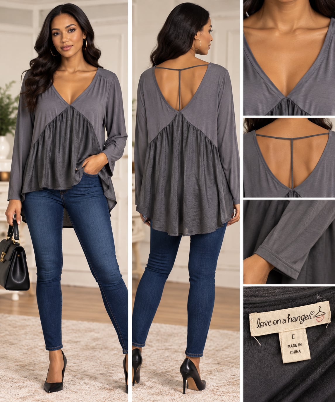 love on a hanger V-Neck Babydoll Top Size L Gray 2