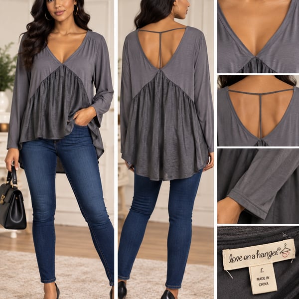 love on a hanger V-Neck Babydoll Top Size L Gray