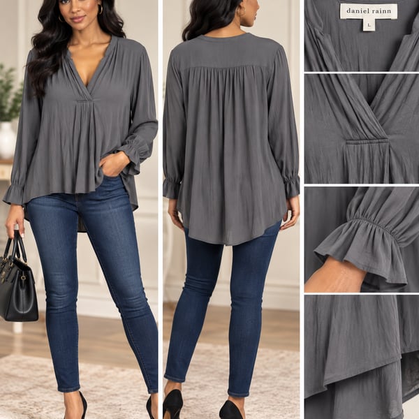 Daniel Rainn Blouse Size L Grey Long Sleeve V-Neck
