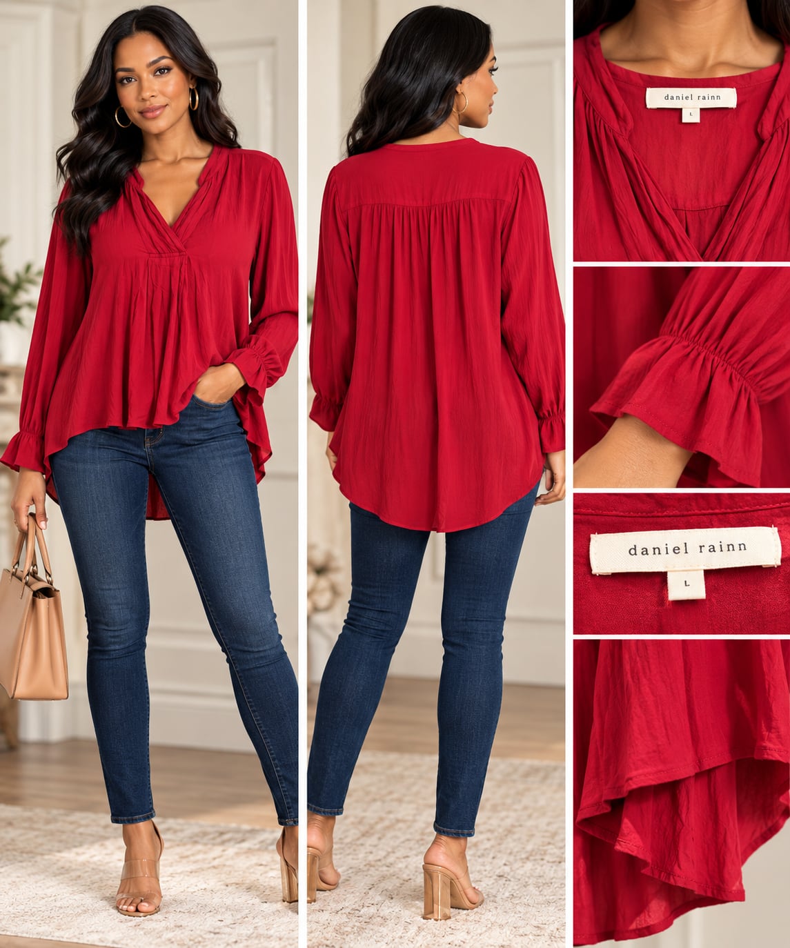Daniel Rainn Blouse Size L Red Long Sleeve Ruffle Cuffs High Low Hem 2