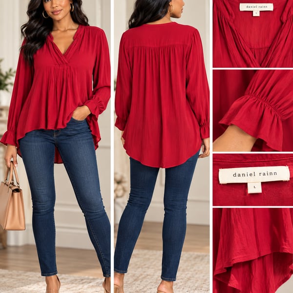 Daniel Rainn Blouse Size L Red Long Sleeve Ruffle Cuffs High Low Hem