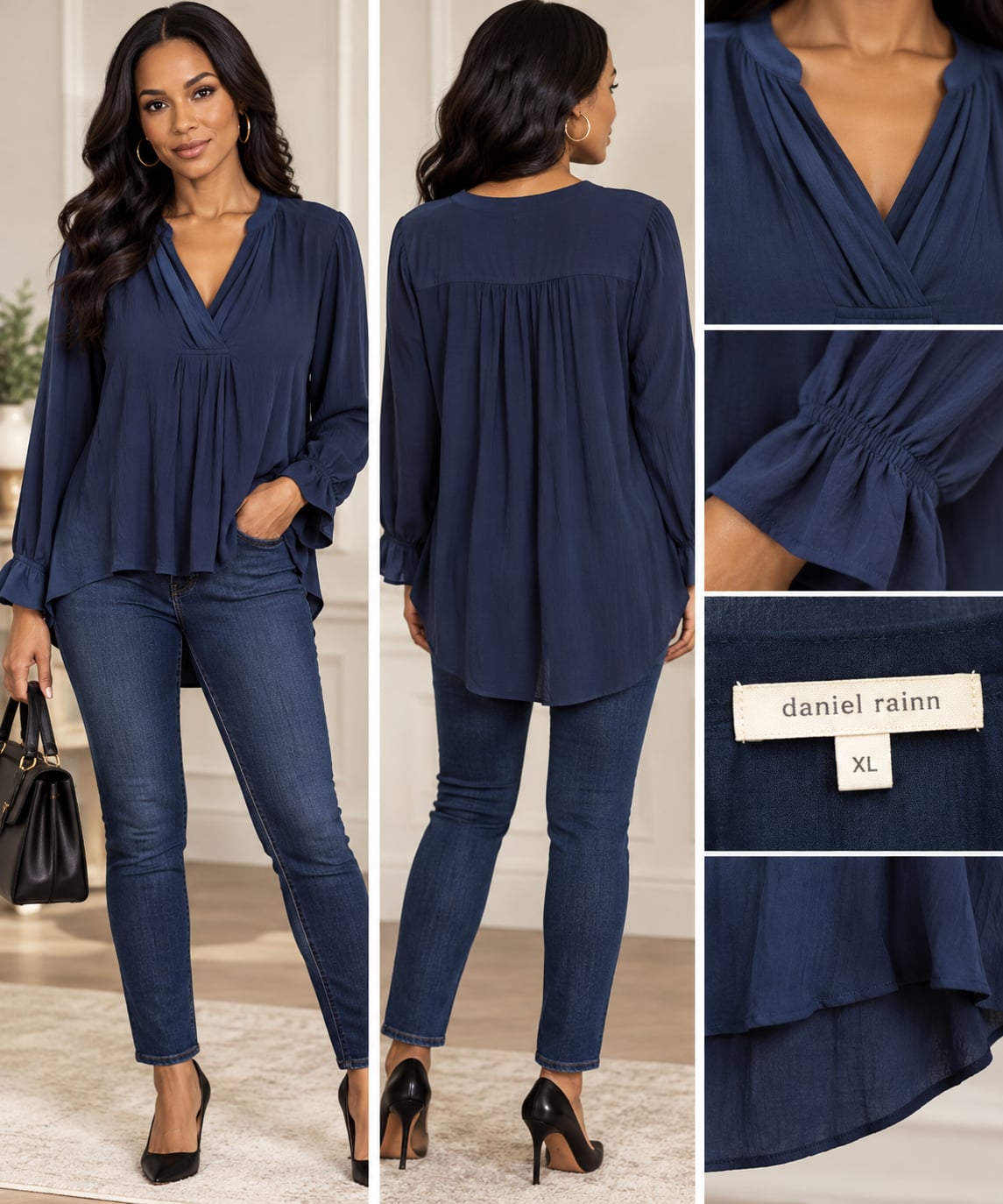 Daniel Rainn Blouse Size XL Navy Blue Long Sleeve V-Neck Crinkle Top 2