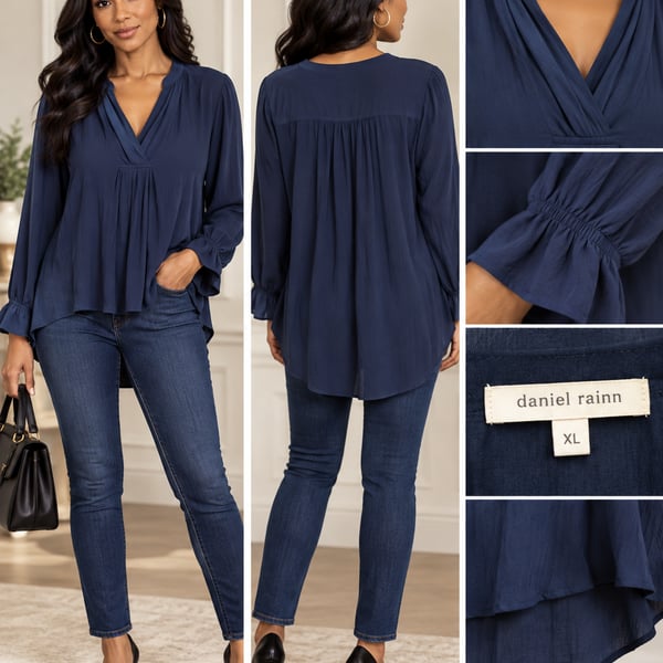 Daniel Rainn Blouse Size XL Navy Blue Long Sleeve V-Neck Crinkle Top