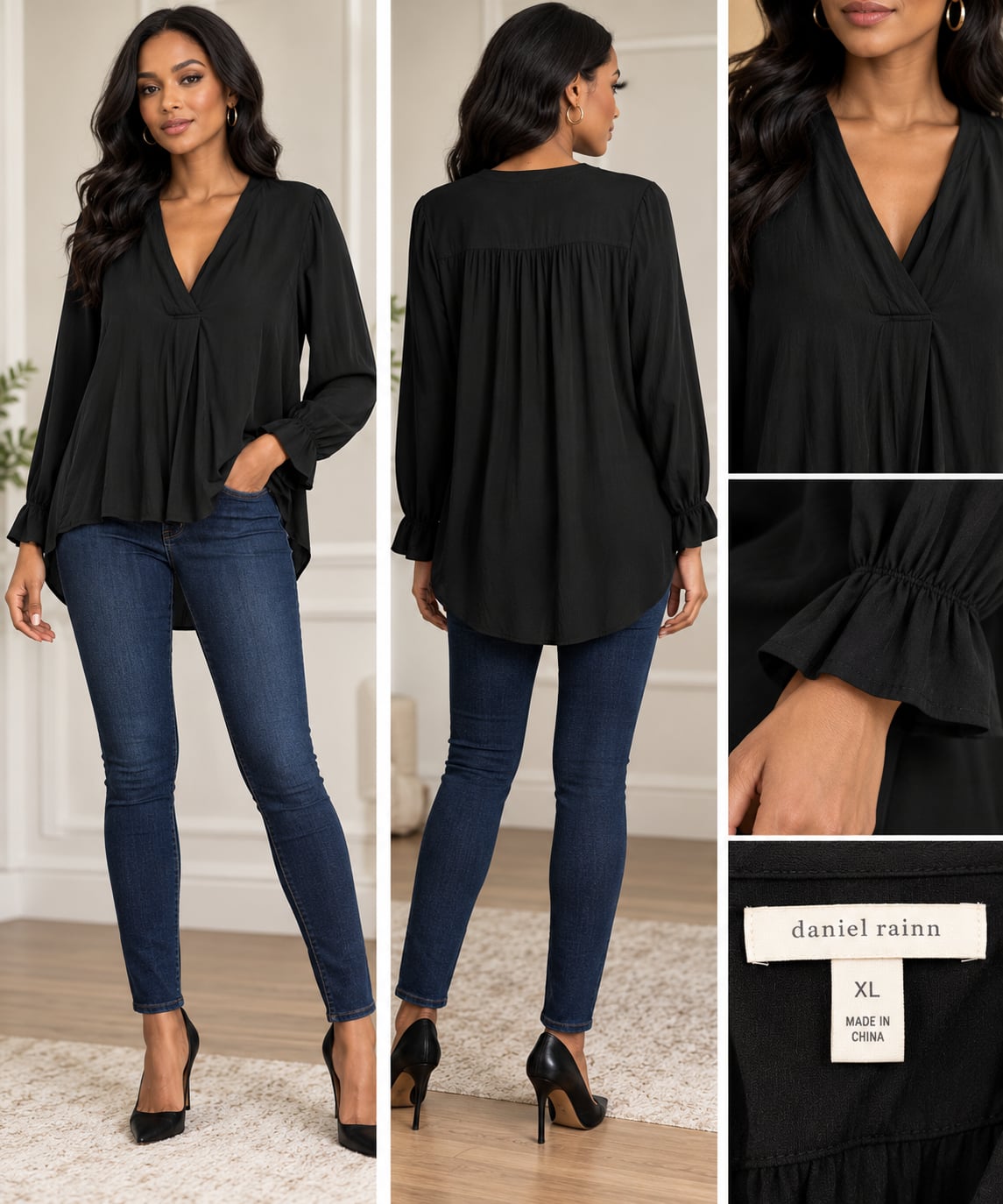 Daniel Rainn V-Neck Long Sleeve Blouse Size XL Black Ruffle Cuffs 2