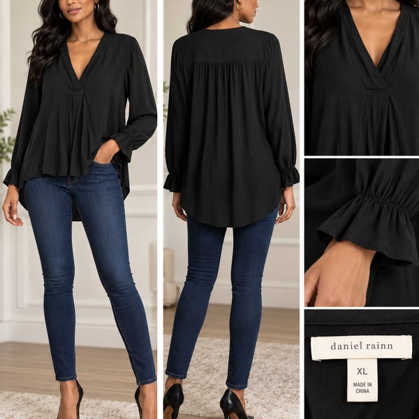 Daniel Rainn V-Neck Long Sleeve Blouse Size XL Black Ruffle Cuffs