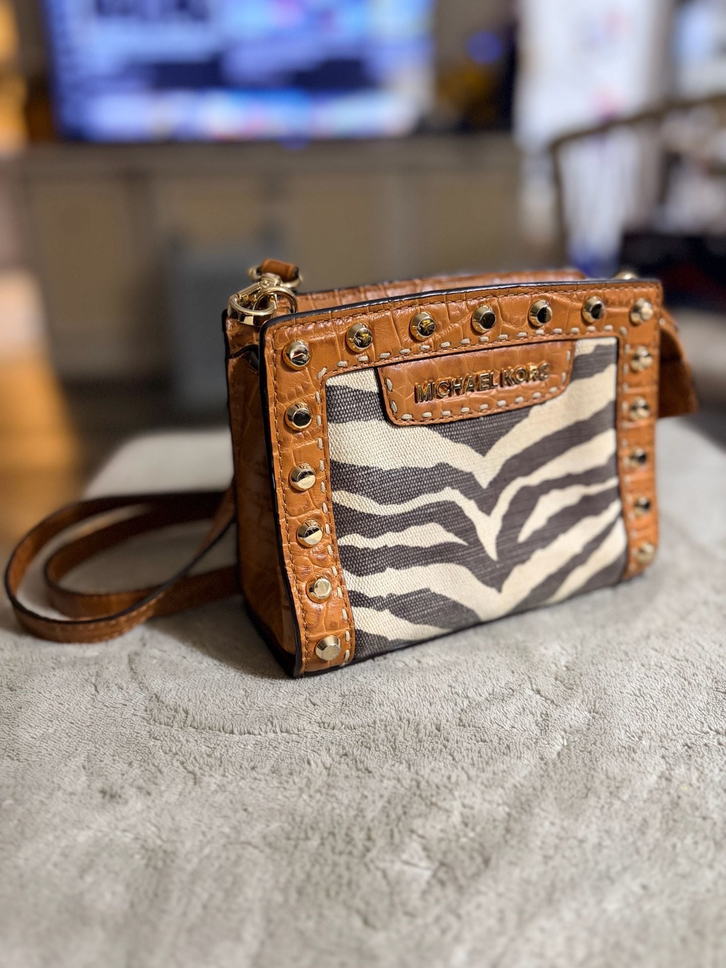 Michael Kors Zebra Print Canvas and Leather Crossbody Handbag 4