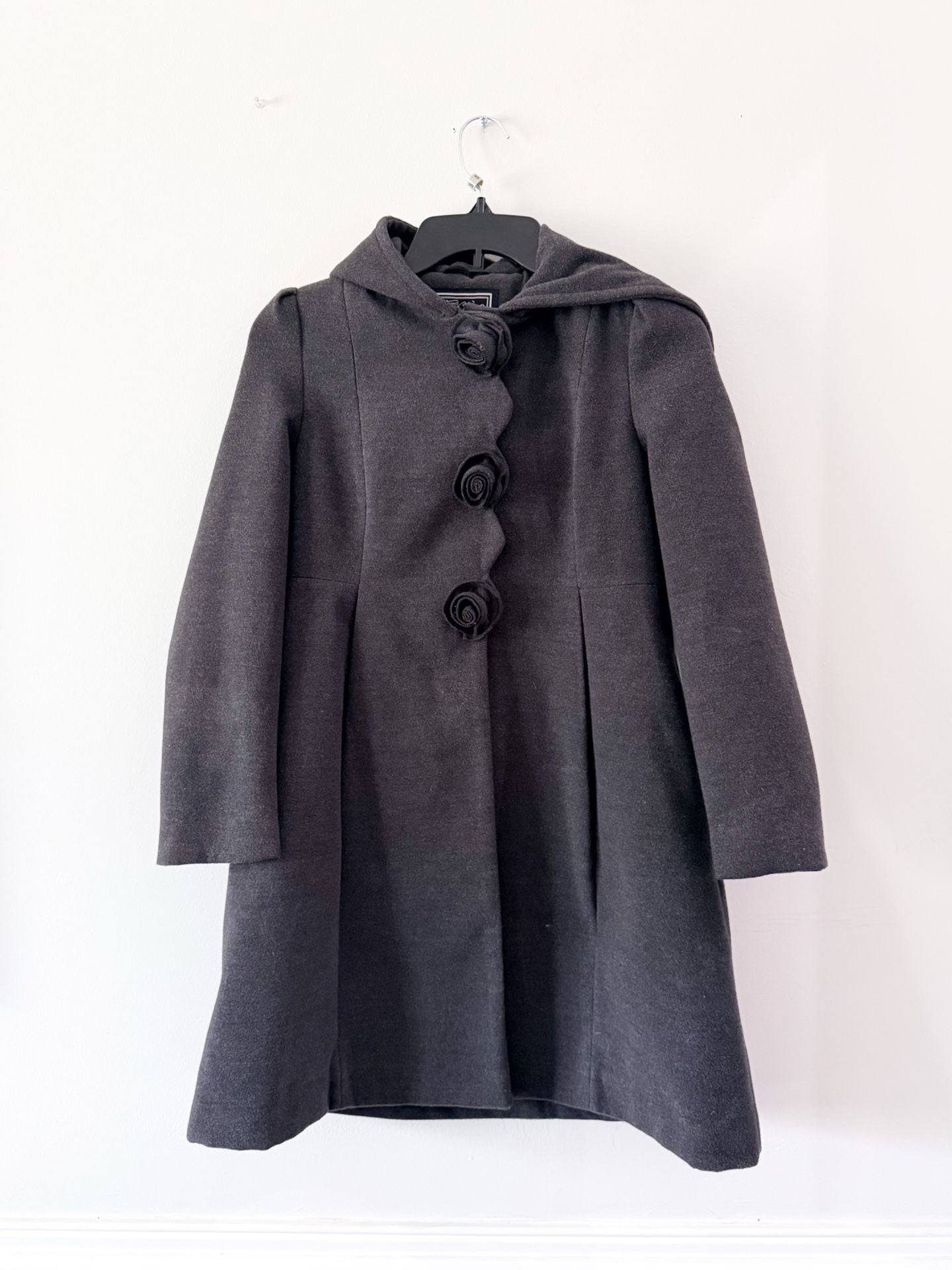 Rothschild Long Grey Hooded Faux Wool Rosette Buttons Dark Charcoal Girl's 14 2