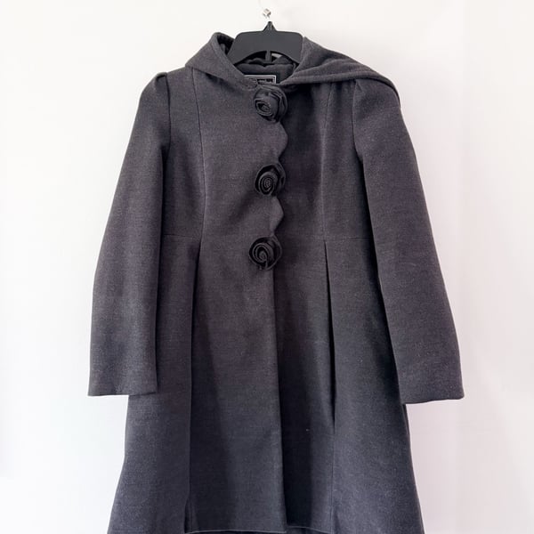 Rothschild Long Grey Hooded Faux Wool Rosette Buttons Dark Charcoal Girl's 14