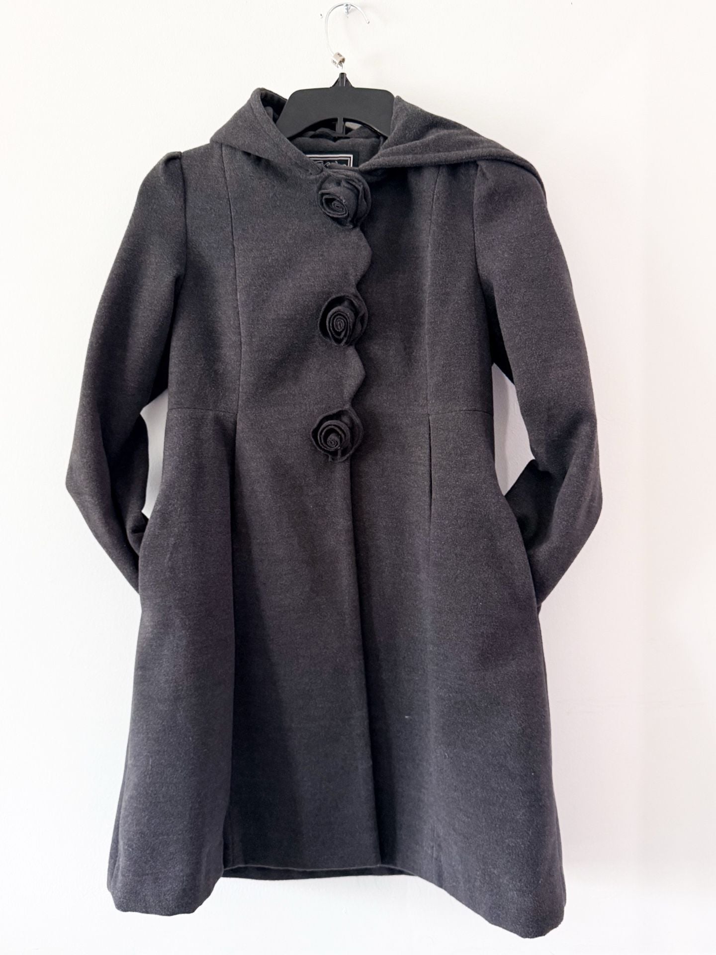 Rothschild Long Grey Hooded Faux Wool Rosette Buttons Dark Charcoal Girl's 14 3
