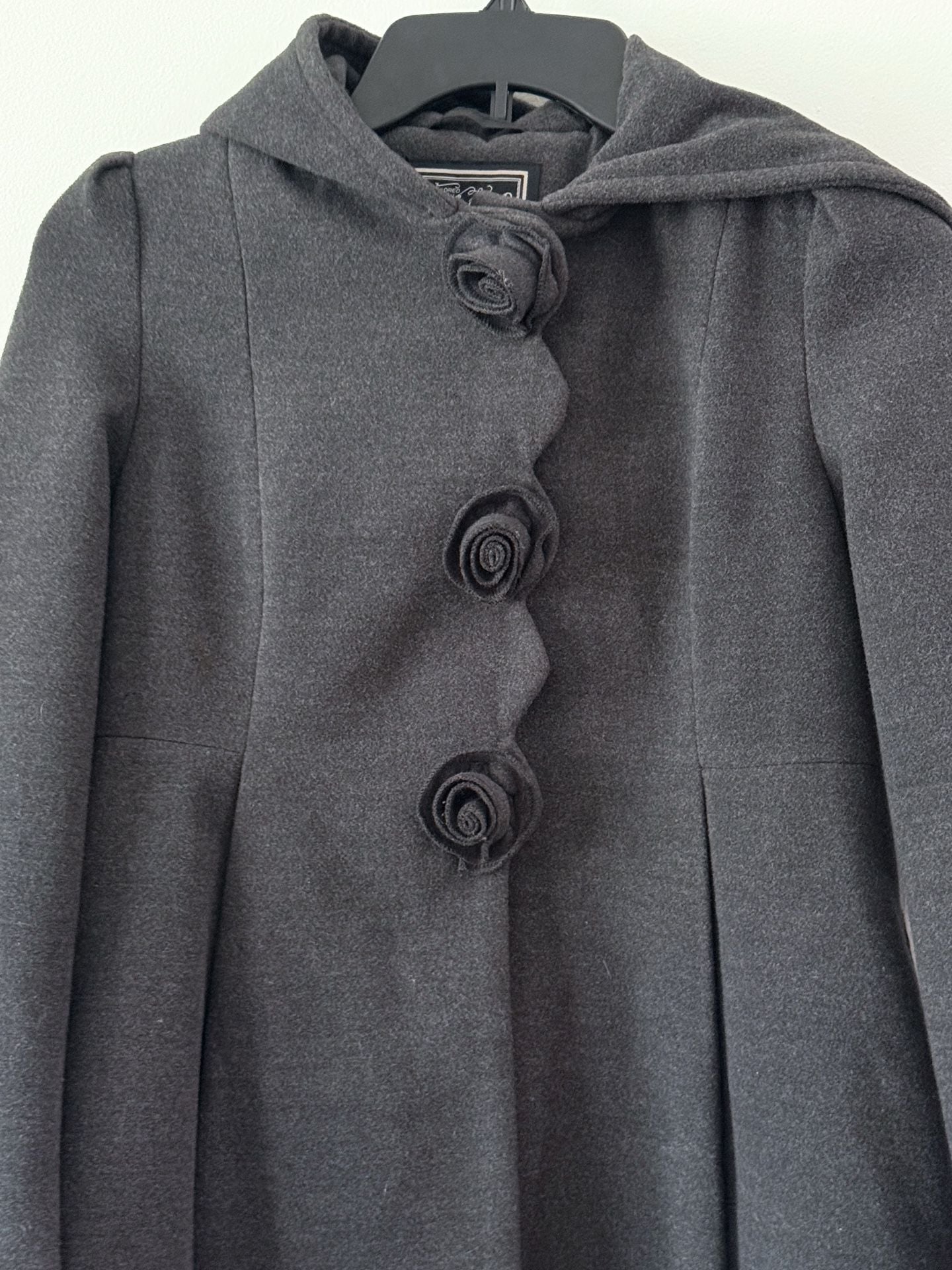 Rothschild Long Grey Hooded Faux Wool Rosette Buttons Dark Charcoal Girl's 14 4