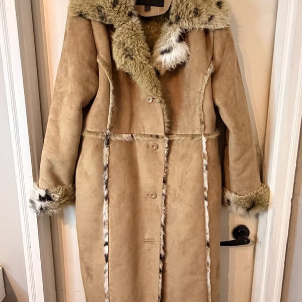 Ashley Stewart Faux Suede Coat Size 1X Brown Faux Fur Trim