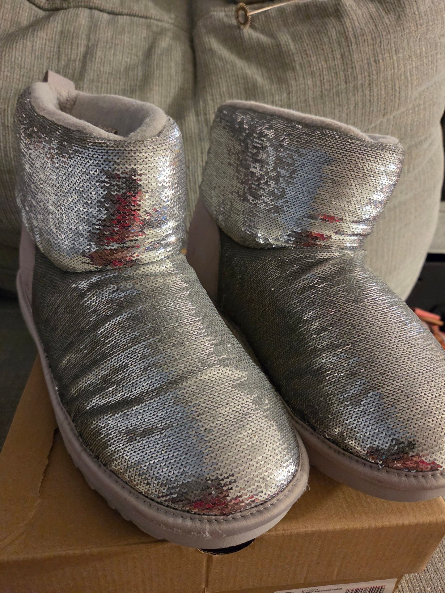 UGG Classic Mini Mirror Ball Boots Size 11 Silver Sequins 2
