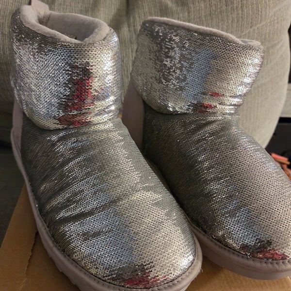 UGG Classic Mini Mirror Ball Boots Size 11 Silver Sequins