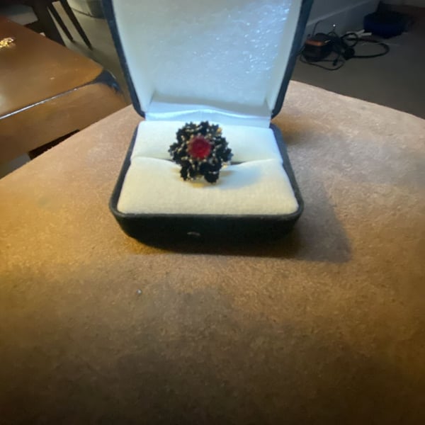 Vintage Bohemian Garnet Cluster Cocktail Ring Red and Black Stone