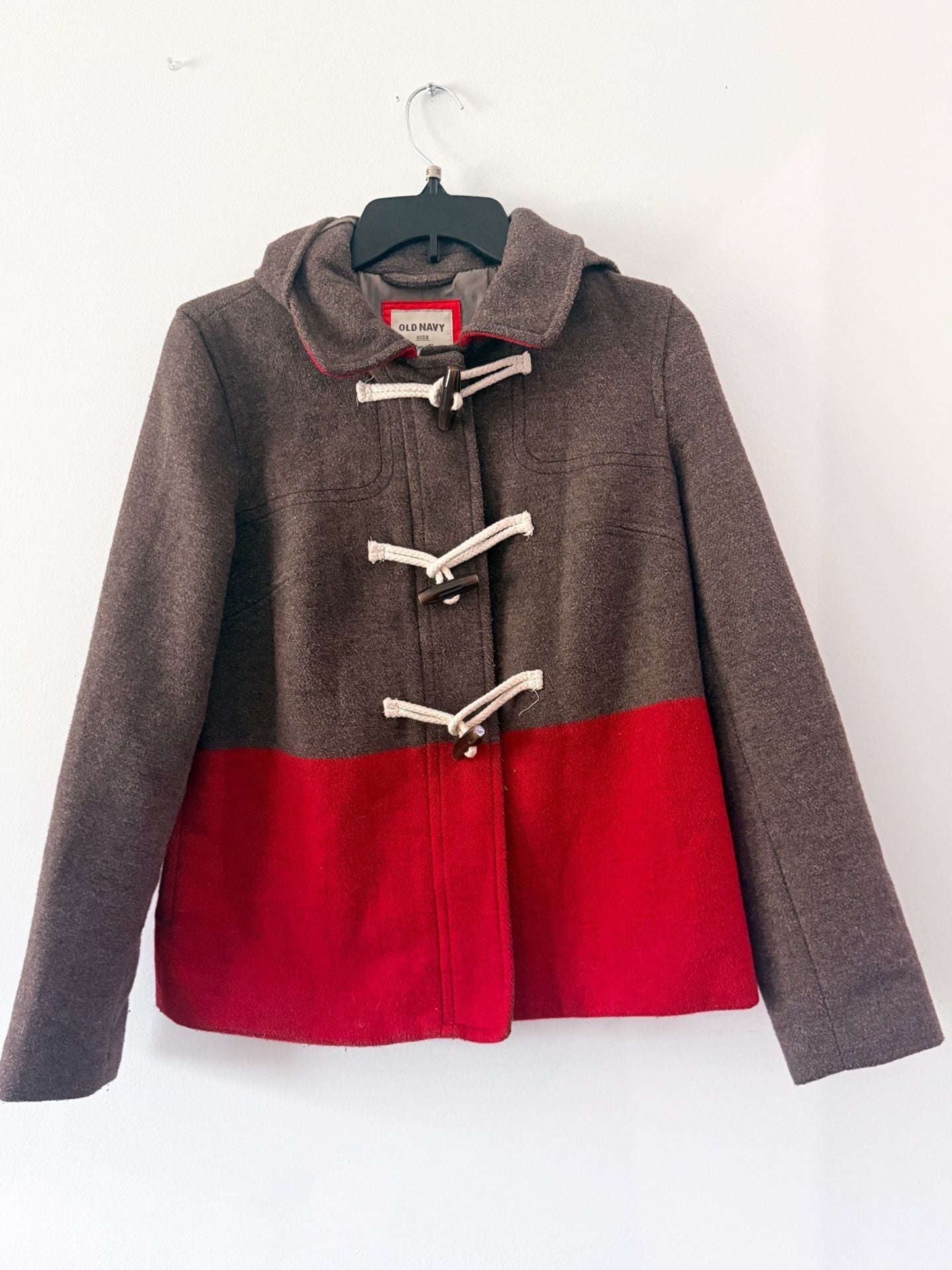 Old Navy Womens Wool Coat Hooded small Brown Red Colorblock Zip Front Jacket 2
