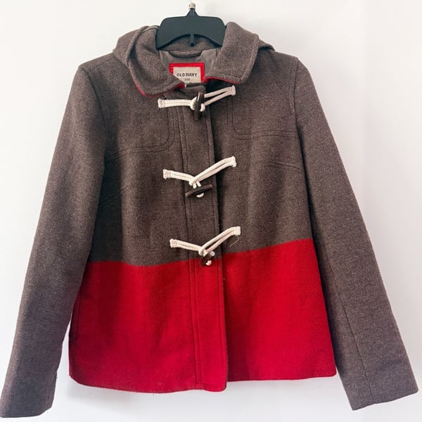 Old Navy Womens Wool Coat Hooded small Brown Red Colorblock Zip Front Jacket