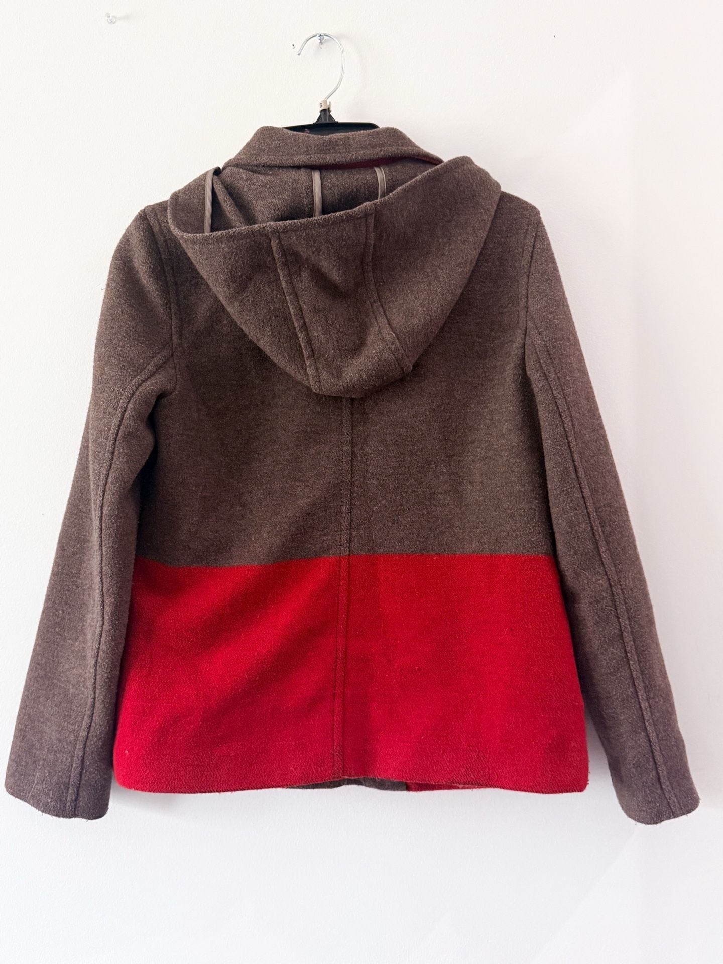 Old Navy Womens Wool Coat Hooded small Brown Red Colorblock Zip Front Jacket 3