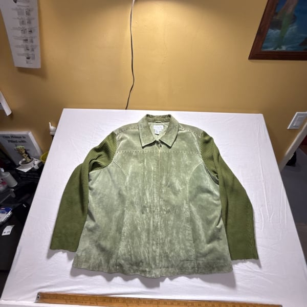 Live a Little Suede Leather Jacket Size 3X Green Knit Sleeves